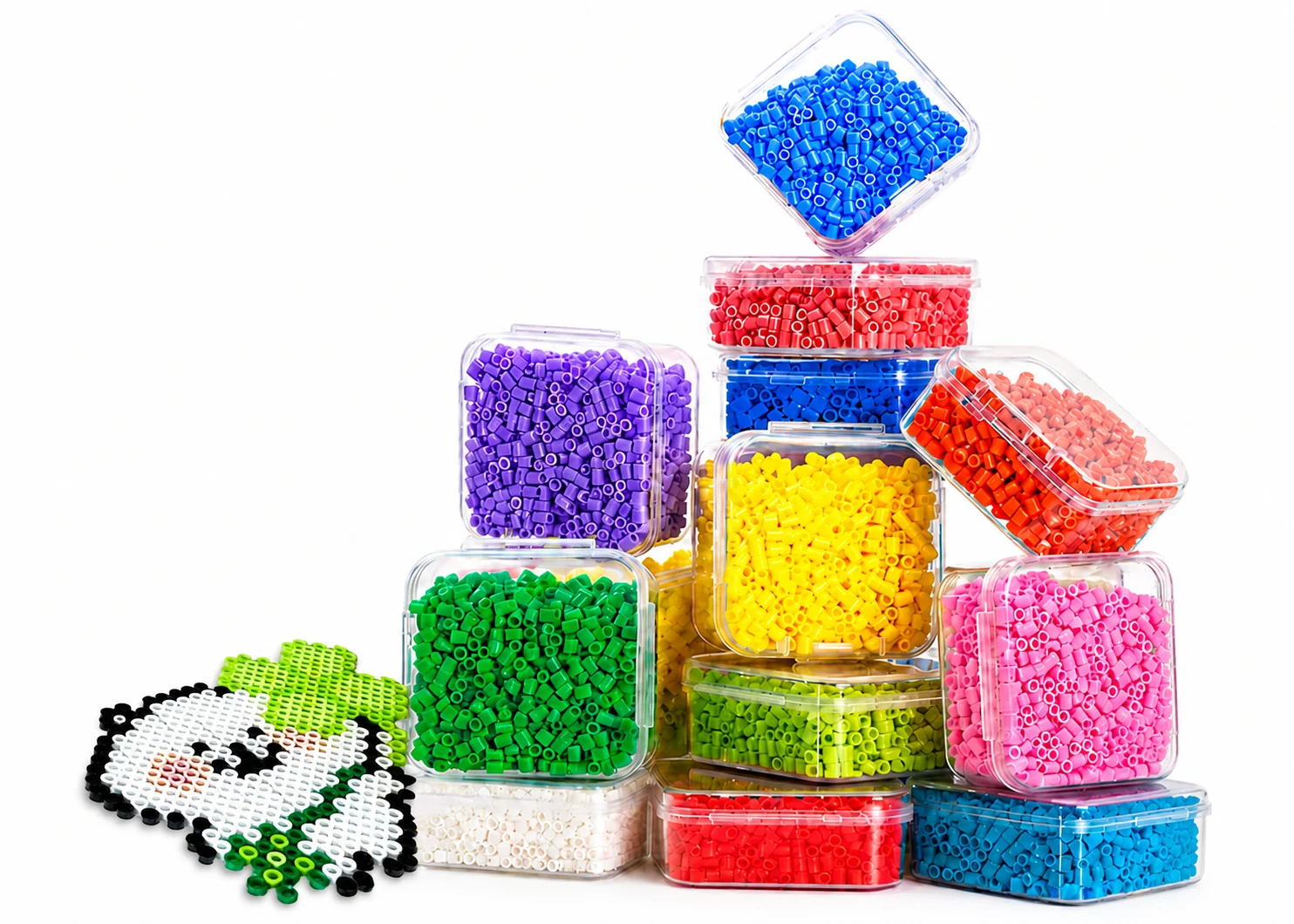 Colorful 2.6 mm fuse beads organized in clear storage boxes with a finished panda design