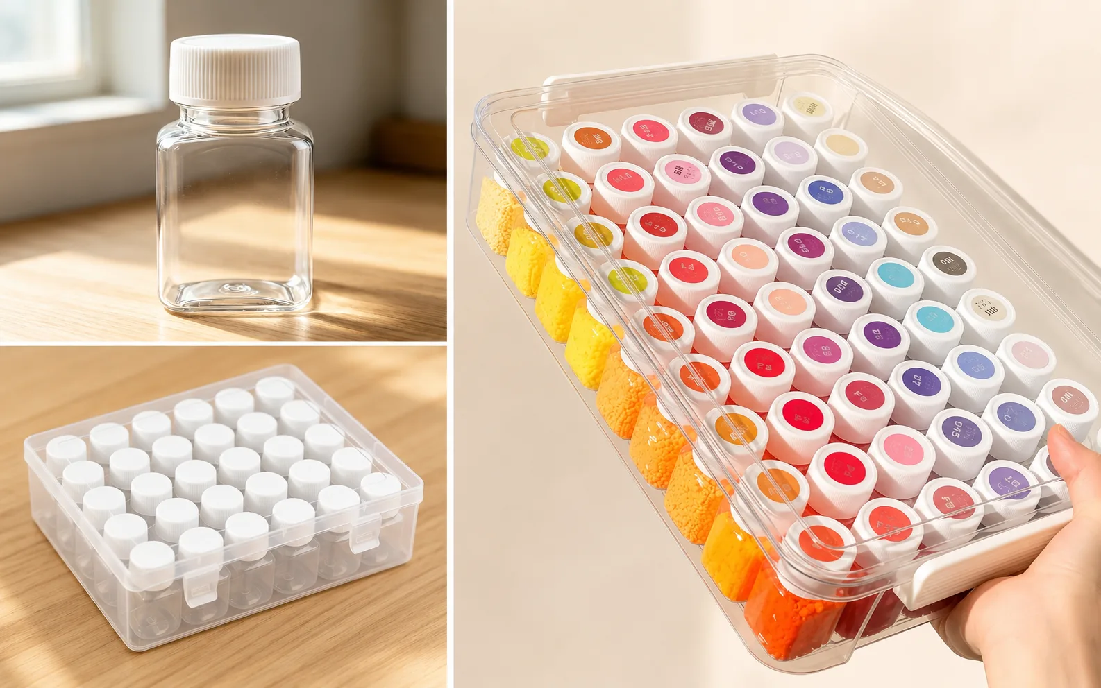Clear bottle-style fuse bead containers stored inside a portable plastic case