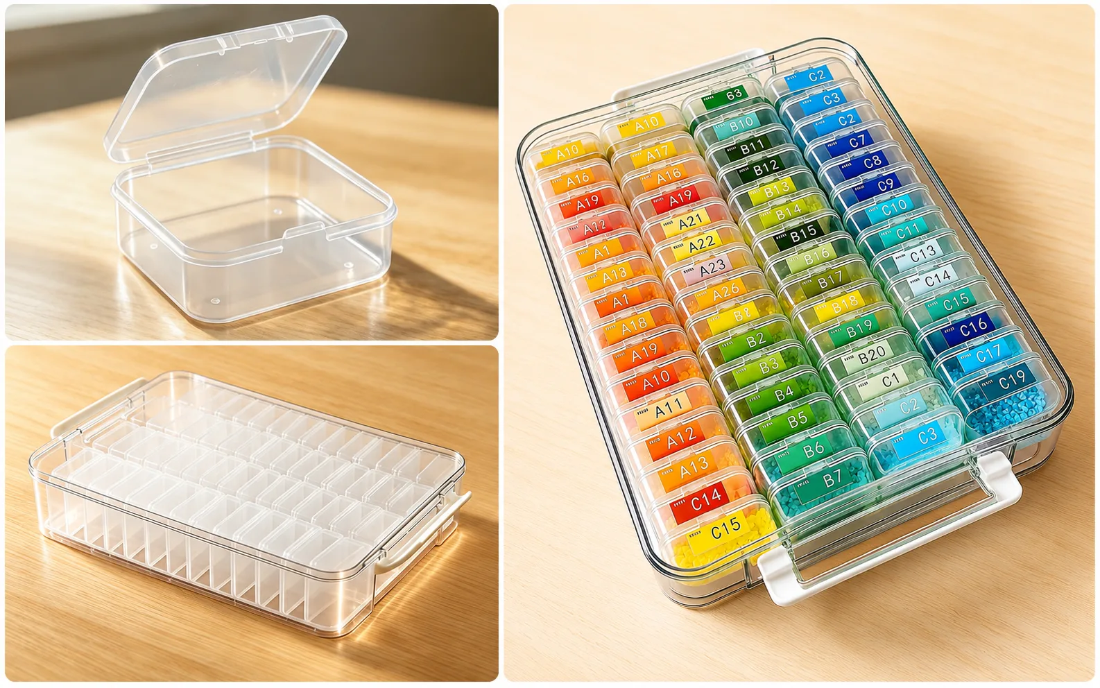 Clear compartment storage box filled with labeled fuse bead containers