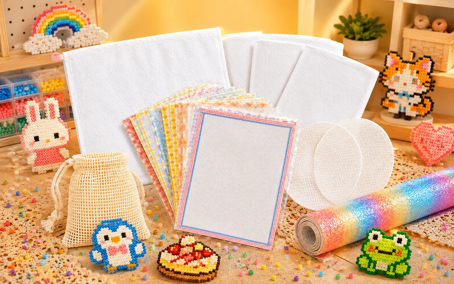 Protective cloths, mesh sheets and heat-resistant materials for fuse bead finishing
