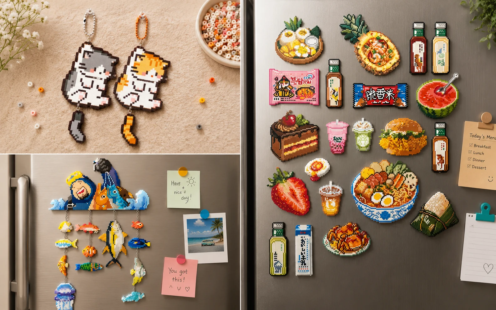 Examples of flat fuse bead keychains, hanging ornaments and refrigerator magnets