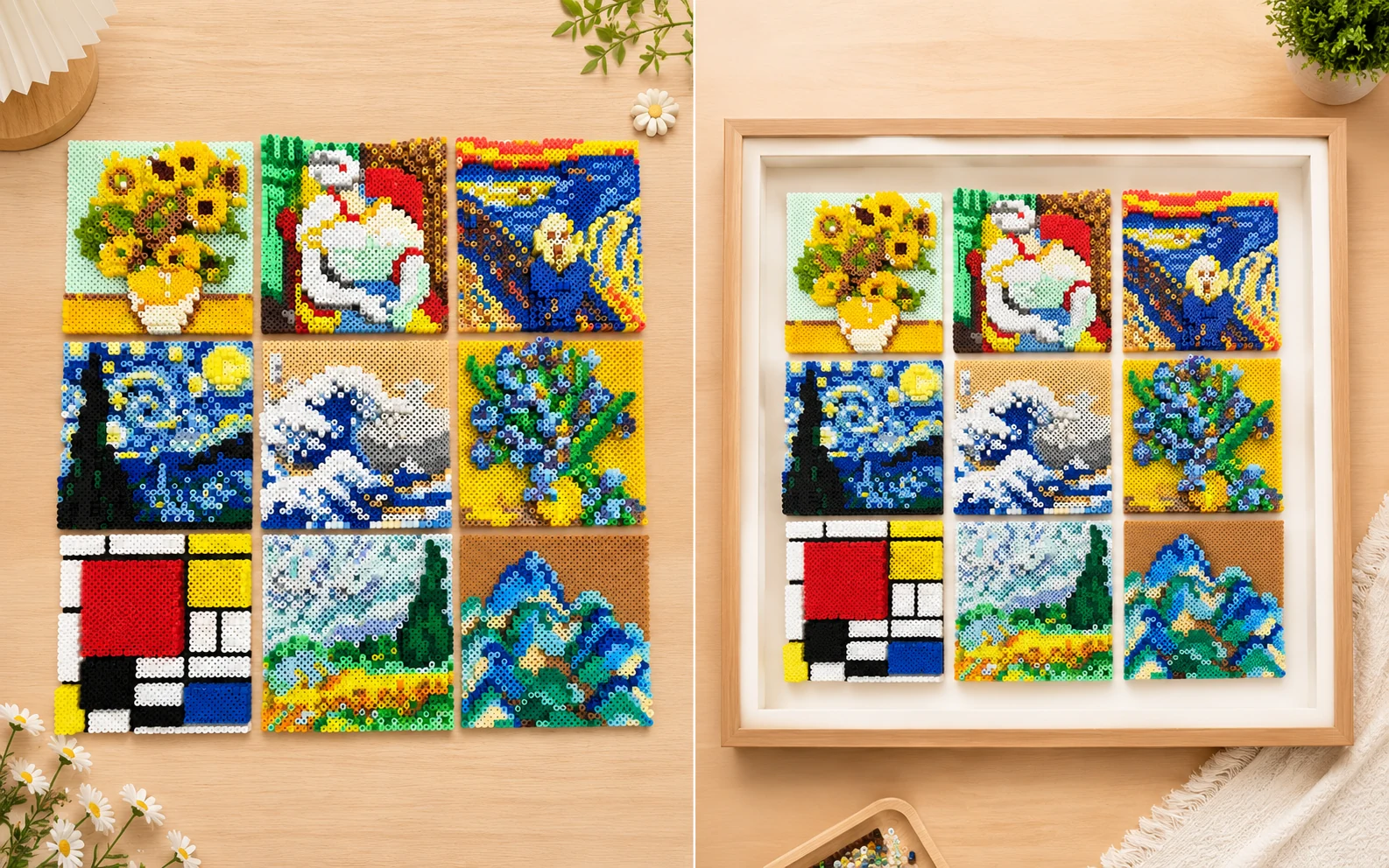 Multiple 2D fuse bead panels arranged as framed decorative artwork