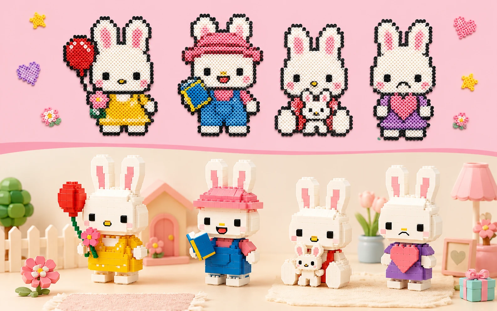 Comparison of flat 2D fuse bead characters and assembled 3D fuse bead models