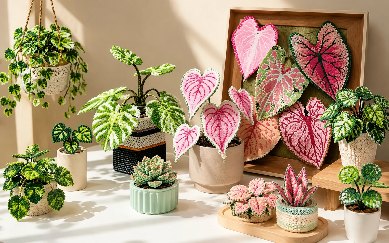 Decorative 3D fuse bead plants, leaves, flowers and display containers