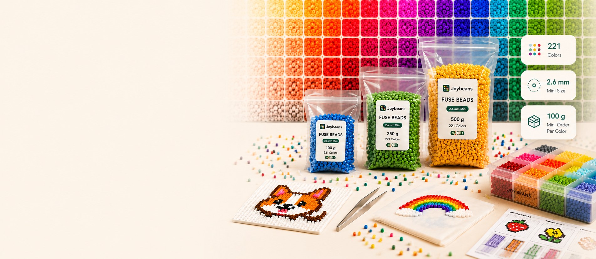 JoyBeans Craft fuse beads wholesale banner: rainbow color wall, packaging bags and DIY kit accessories