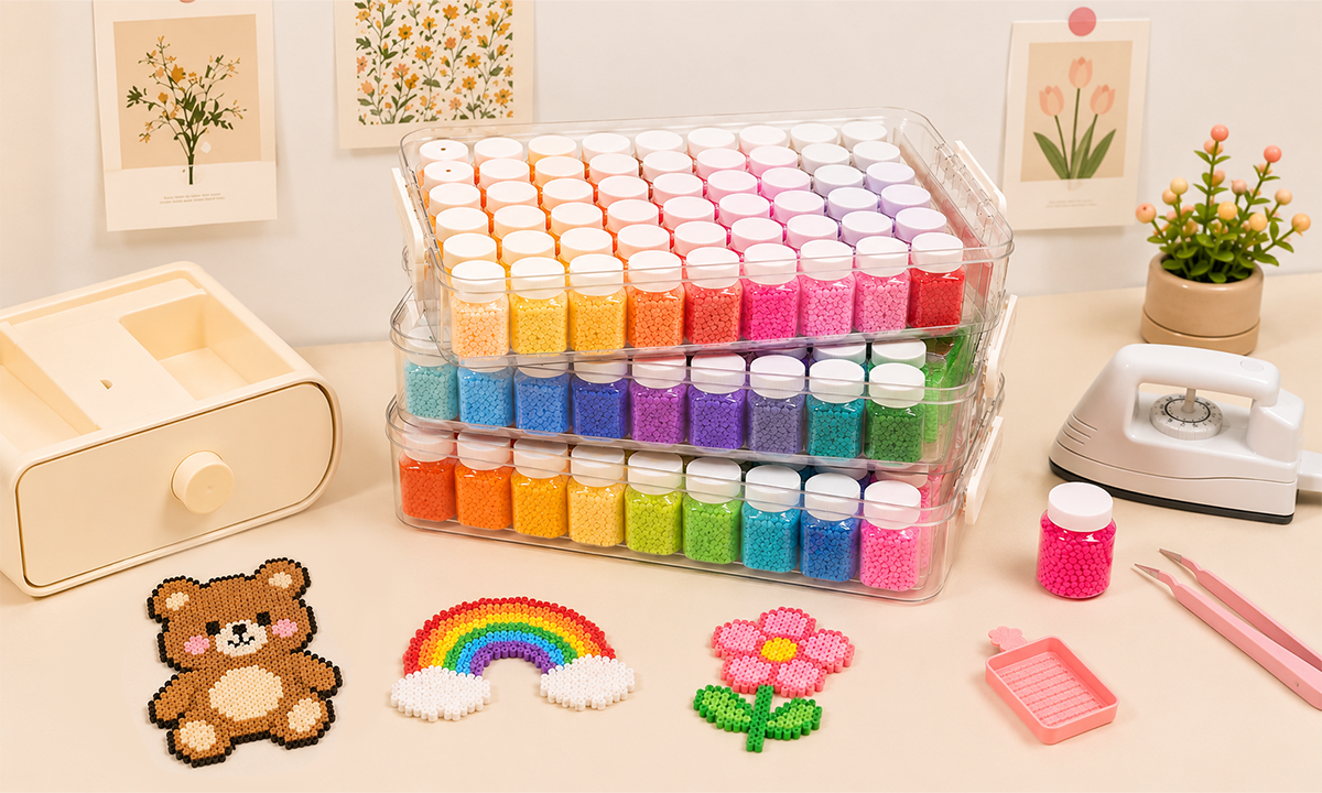 Fuse bead storage boxes with colorful bead projects and accessories