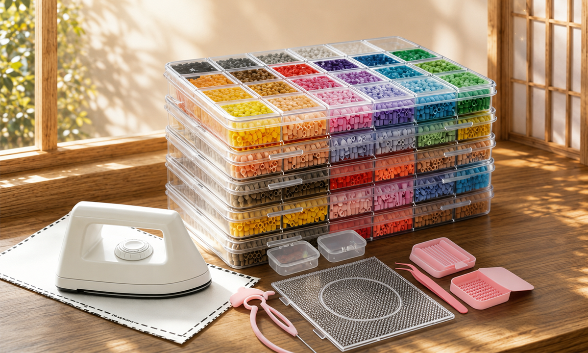 Fuse bead storage boxes with pegboards, tweezers, scoop and heating tool